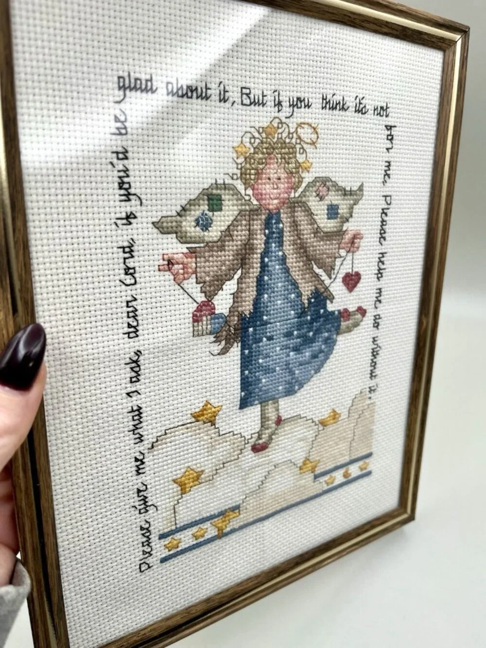 Vintage Framed Guardian Angel Cross Stitch Sampler Folk Art Needlework Christian
